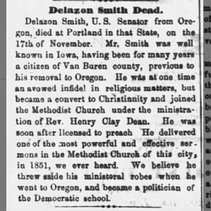 Obit Delazon Smith, died 17 Nov 1860. Muscatine Evening Journal, 12 Dec 1860