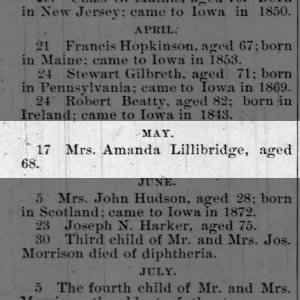 Amanda Beardsley Lillibridge dies 17 May 1883